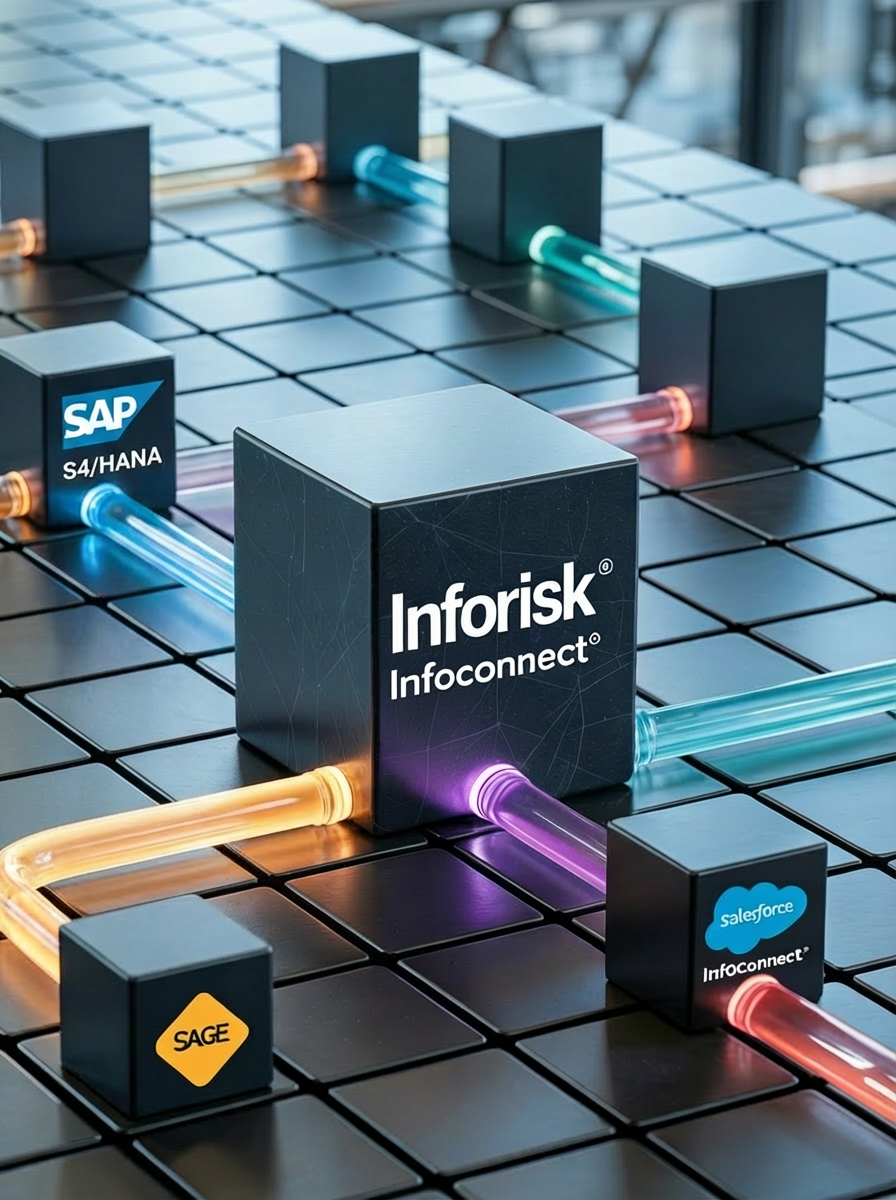 Cube flottant affichant les logos Salesforce, SAP, SAGE et Power BI dans un environnement numérique, symbolisant les connecteurs CRM et ERP d’Inforisk prêts à l’emploi pour synchroniser les données clients, fournisseurs et les indicateurs de performance.