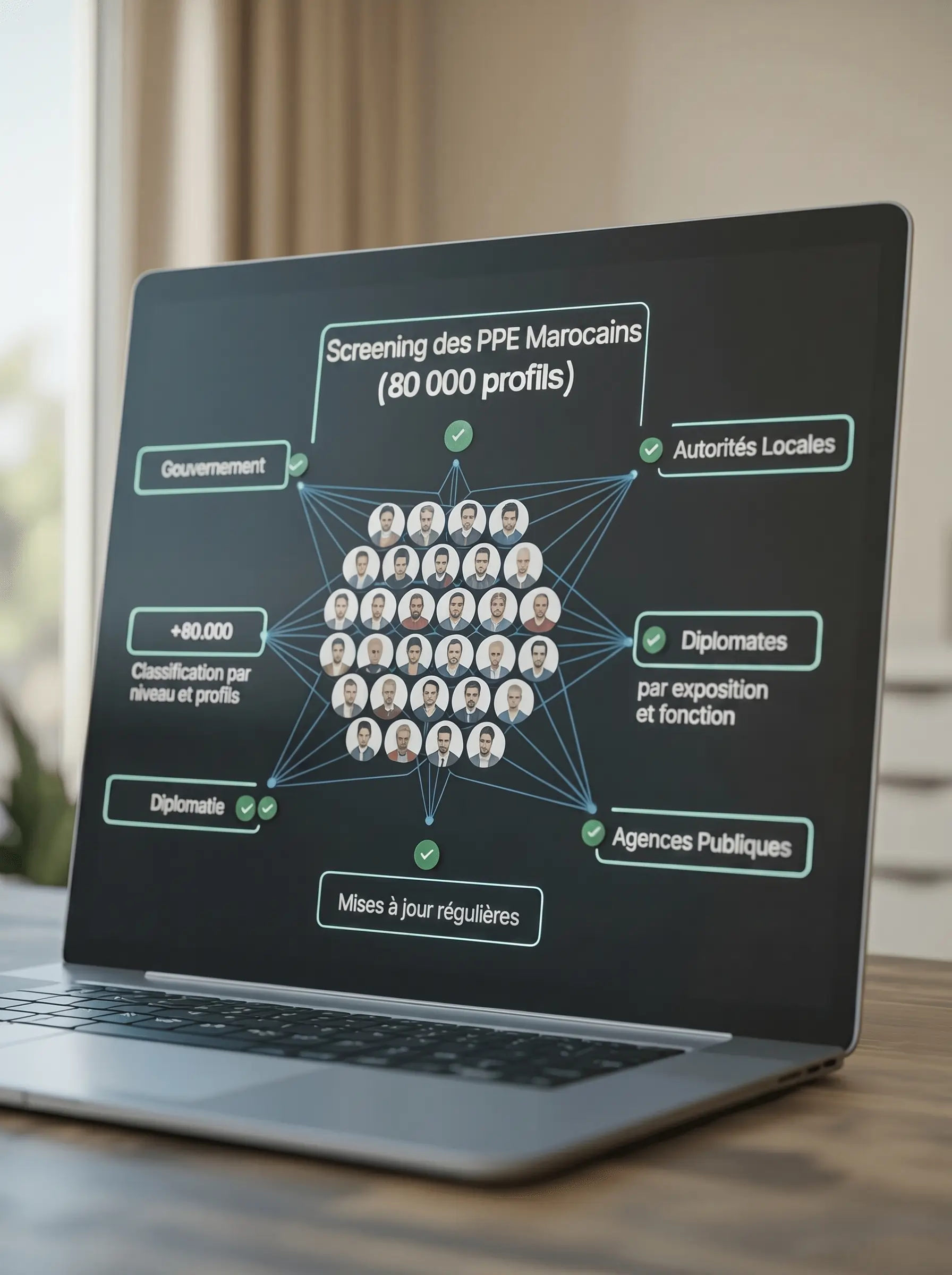 Module Inforisk de screening PEP marocains affiché sur un ordinateur portable, avec schéma de réseau reliant plus de 80 000 profils de personnes politiquement exposées issues du gouvernement, des diplomates, des autorités locales et d’autres organismes publics, illustrant la base de données PEP structurée et régulièrement mise à jour.